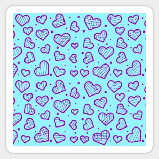 Purple Artistic Sketchy Hearts Seamless Pattern on Blue Background Sticker